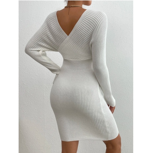 White Off Shoulder V-Neck Rib Knit Sweater Mini Short Dress Long Sleeve - Picture 7 of 9